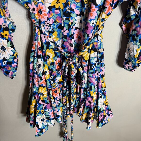 Storia Balloon Sleeve Floral Mini Swing Dress Women's Small Multicolor Belted - Picture 7 of 13